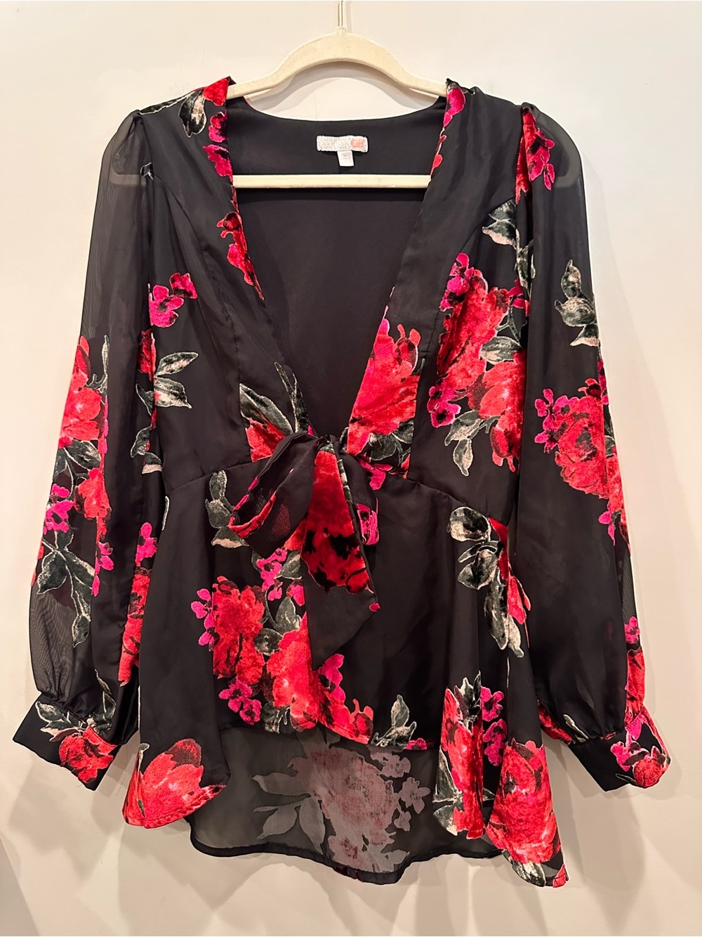 Velvet Burnout Dark Floral Sheer V Neck Floral Tie-Front Blouse Kimono Sz M - Picture 10 of 11